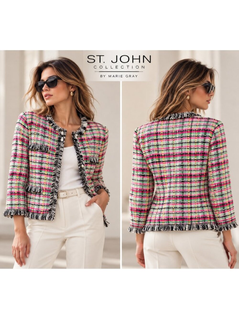 St. John Collection Women's Multicolor Plaid Fringe Knit Jacket Size 8